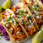 Buffalo Chicken Tacos Recipe – Spicy shredded chicken with creamy coleslaw and blue cheese, served in soft tortillas.