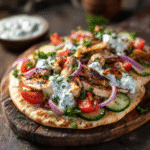 Greek Chicken Flatbread on wooden board