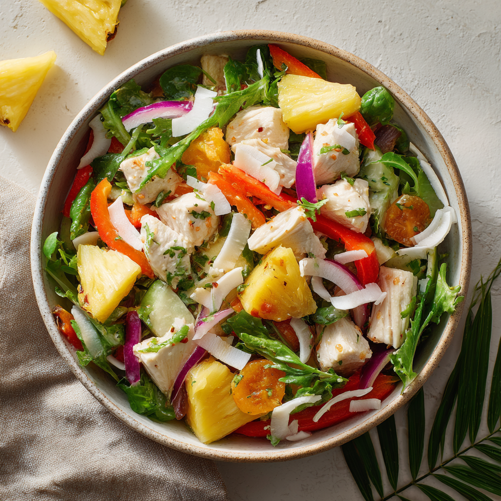 Hawaiian Chicken Salad in a vibrant tropical bowl