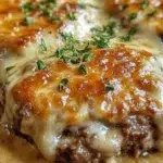 Amish Hamburger Steak Bake with rich gravy and vegetables in a baking dish
