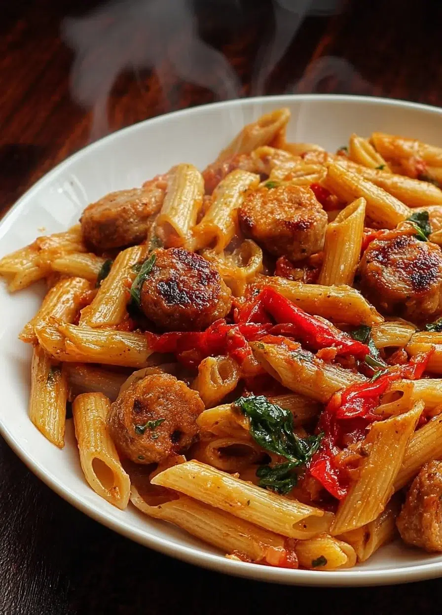 Plate of delicious Cajun Sausage Pasta with creamy sauce and spices