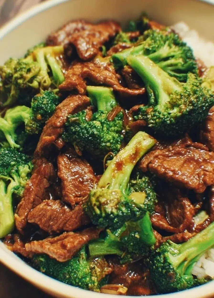 Traditional Chinese Beef and Broccoli served with rice on a plate