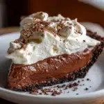 Delicious chocolate cream pie topped with whipped cream and chocolate shavings