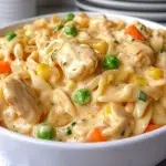 A delicious serving of Classic Chicken Pot Pie Pasta in a bowl, garnished with herbs.