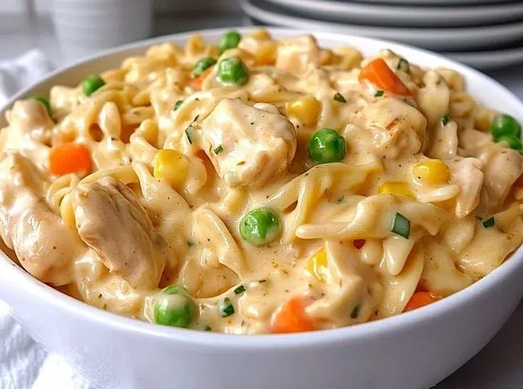 A delicious serving of Classic Chicken Pot Pie Pasta in a bowl, garnished with herbs.