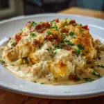 Delicious Cowboy Casserole served in a skillet, featuring ground beef, corn, and cheese.