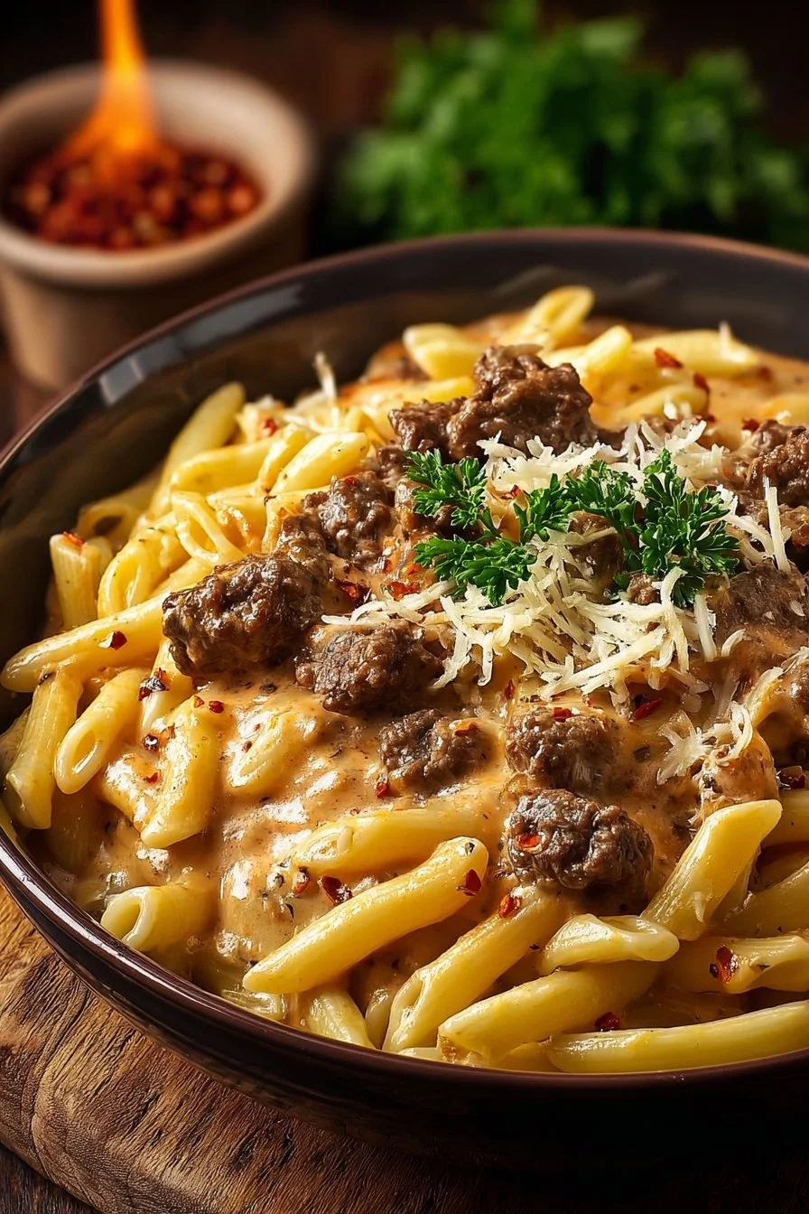 Creamy beef pasta dish served in a bowl with parsley garnish.