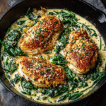 Creamy Spinach Parmesan Chicken in a skillet with creamy garlic Parmesan sauce.
