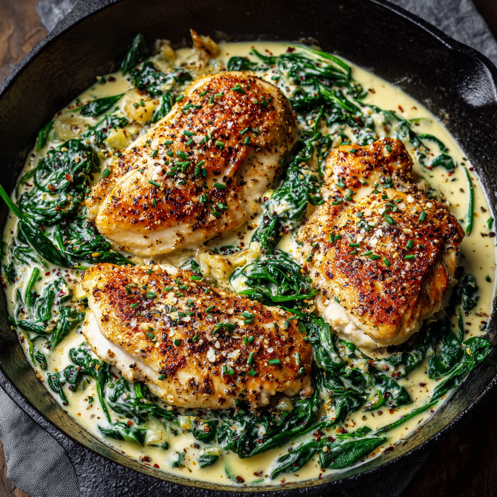 Creamy Spinach Parmesan Chicken in a skillet with creamy garlic Parmesan sauce.