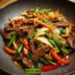 Easy beef stir fry with colorful vegetables in a skillet