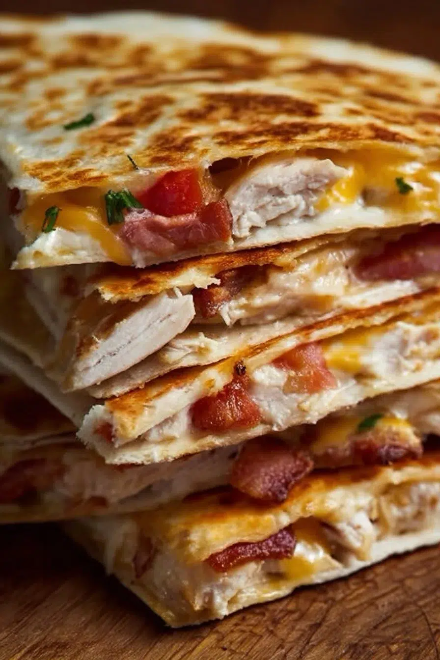 Delicious Easy Chicken Bacon Ranch Quesadilla with melted cheese and crispy bacon
