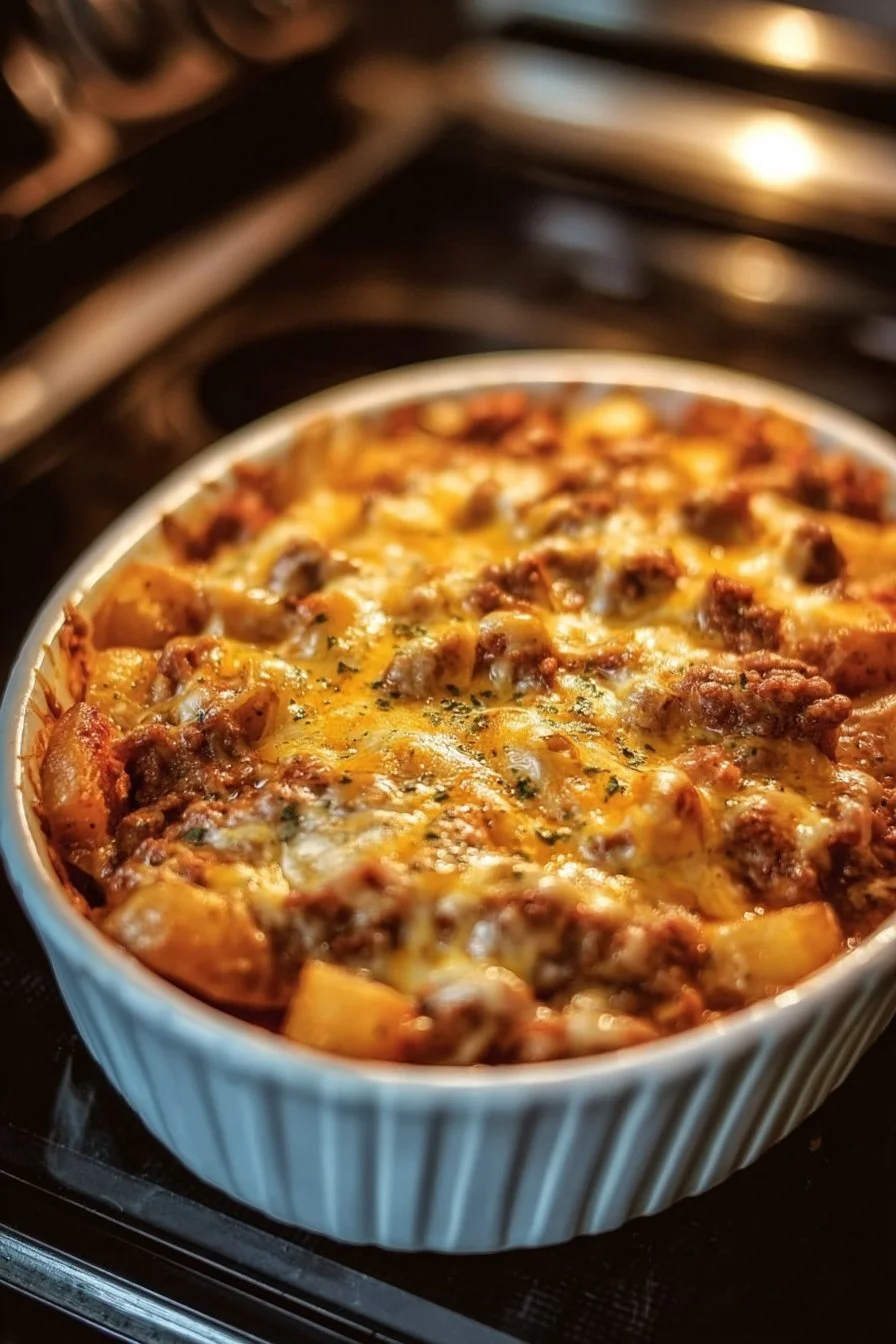 Dish of Hobo Casserole with vegetables and meat in a baking dish