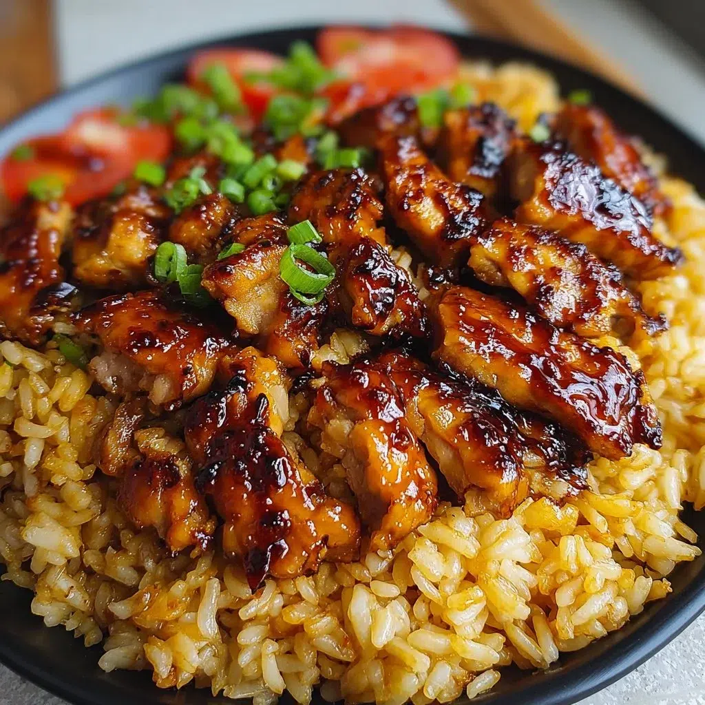 Plate of Honey BBQ Chicken Rice garnished with herbs