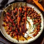 Maple-roast carrots topped with crispy chickpeas and creamy garlic yogurt.