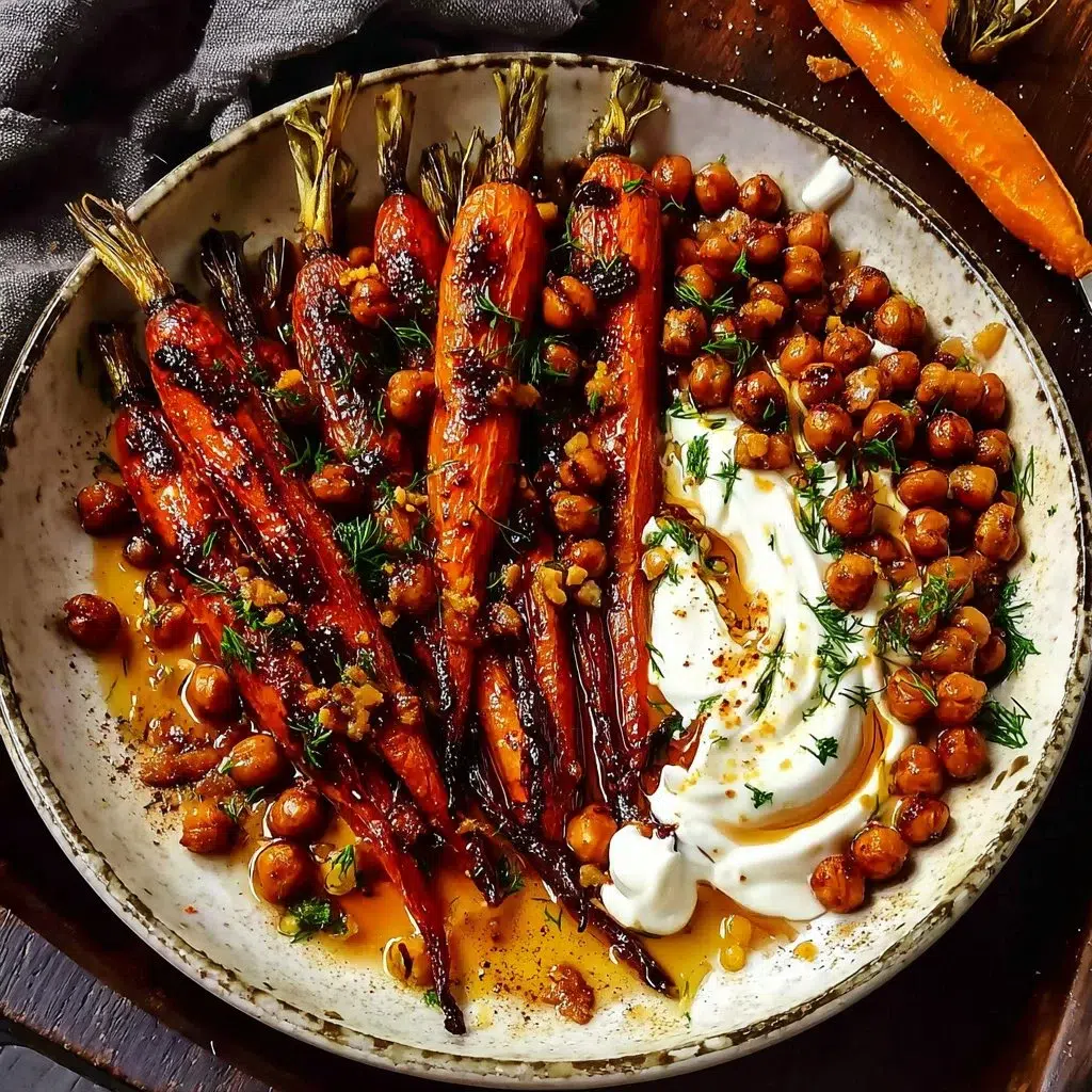 Maple-roast carrots topped with crispy chickpeas and creamy garlic yogurt.