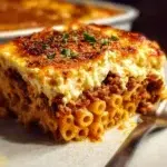 Delicious homemade Pastitsio with layers of pasta, meat, and creamy béchamel sauce.