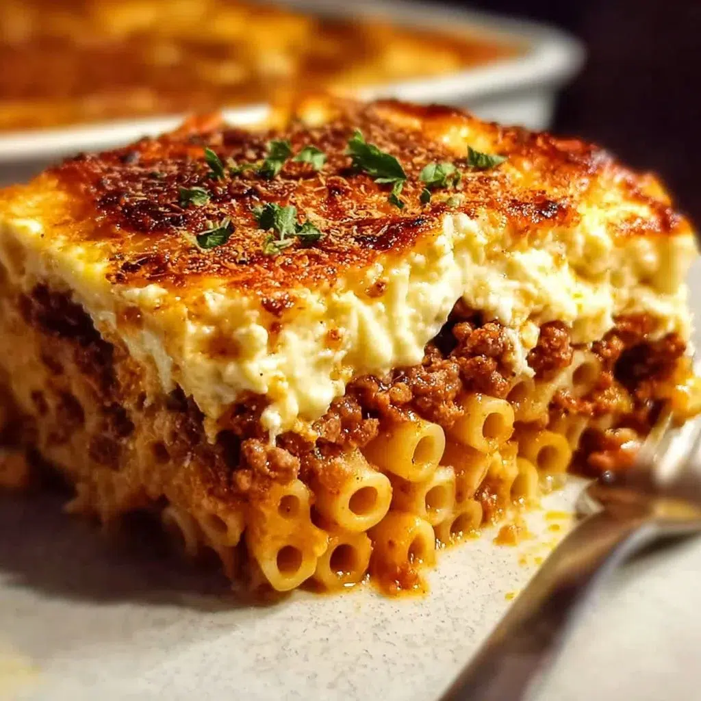 Delicious homemade Pastitsio with layers of pasta, meat, and creamy béchamel sauce.