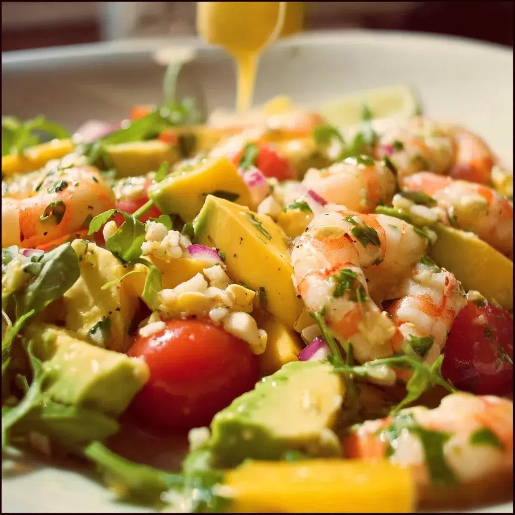 Delicious Prawn Mango Avocado Salad served in a bowl with fresh ingredients.