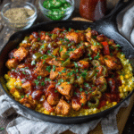 Skillet BBQ Chicken in a cast-iron skillet with rich Texas-style sauce