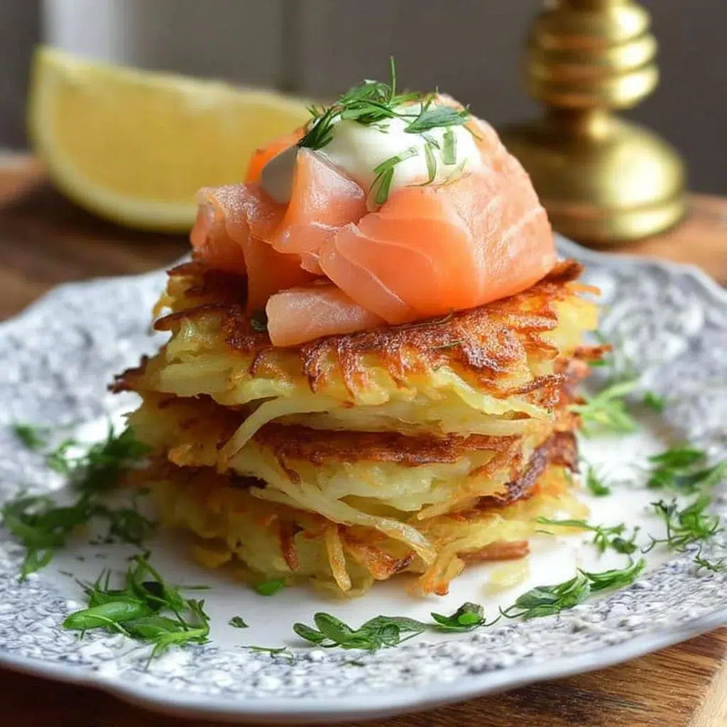 Smoked Salmon Potato Rosti Stack with garnishes and herbs