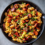 sticky honey garlic sausage pasta skillet 3