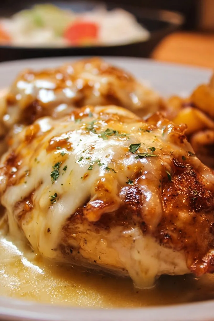 Texas Roadhouse Smothered Chicken topped with melting jack cheese