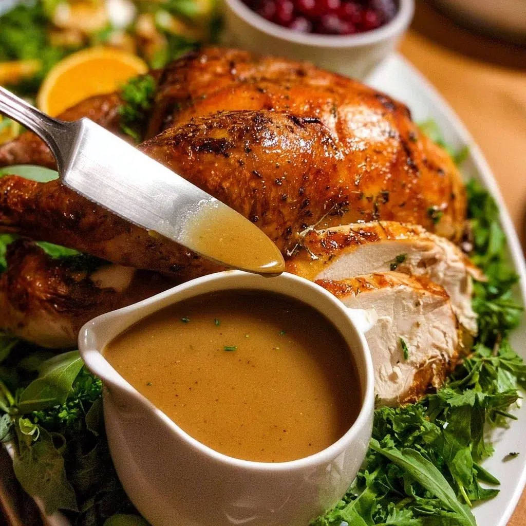 Delicious homemade turkey gravy served over mashed potatoes