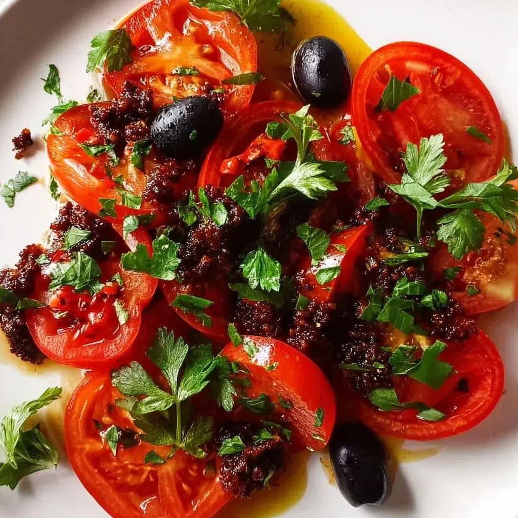 Fresh Tomato Salad topped with Olive Tapenade and herbs