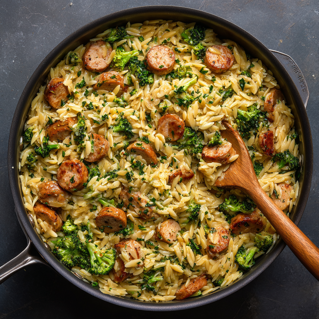 u7835592976 One Pan Creamy Orzo with Chicken Sausage and Broc 27193205 8efa 4f31 a910 6bdf1a0586e1 0