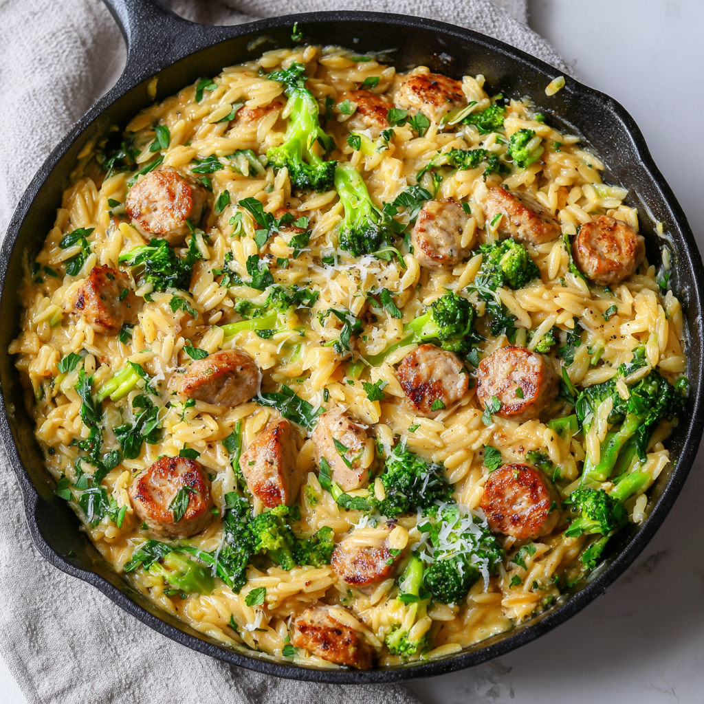 u7835592976 One Pan Creamy Orzo with Chicken Sausage and Broc 27193205 8efa 4f31 a910 6bdf1a0586e1 2