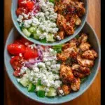 Delicious Greek chicken bowls with fresh vegetables and tzatziki sauce