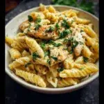 Healthy garlic parmesan chicken pasta dish served in a bowl with herbs.