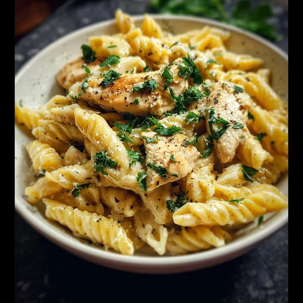 Healthy Garlic Parmesan Chicken Pasta — Easy & Healthy Weeknight Recipe 2 Healthy garlic parmesan chicken pasta dish served in a bowl with herbs.