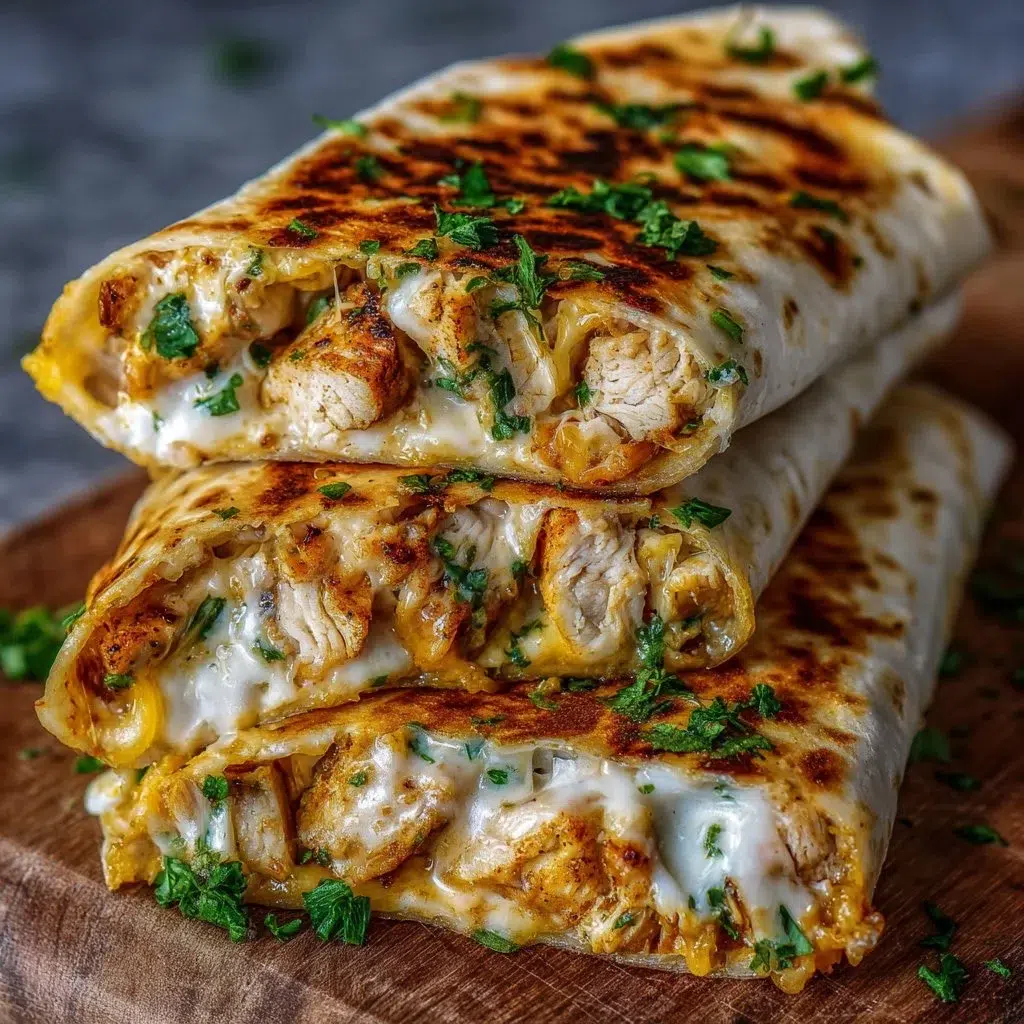 Delicious cheesy garlic chicken wraps served with fresh veggies