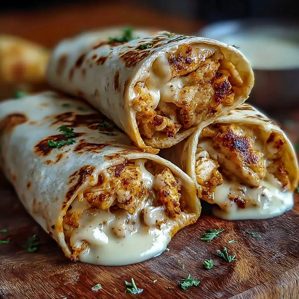 Cheesy Garlic Chicken Wraps — Quick, Melty, and Delicious 8 Cheesy Garlic Chicken Wraps served on a plate with fresh vegetables.