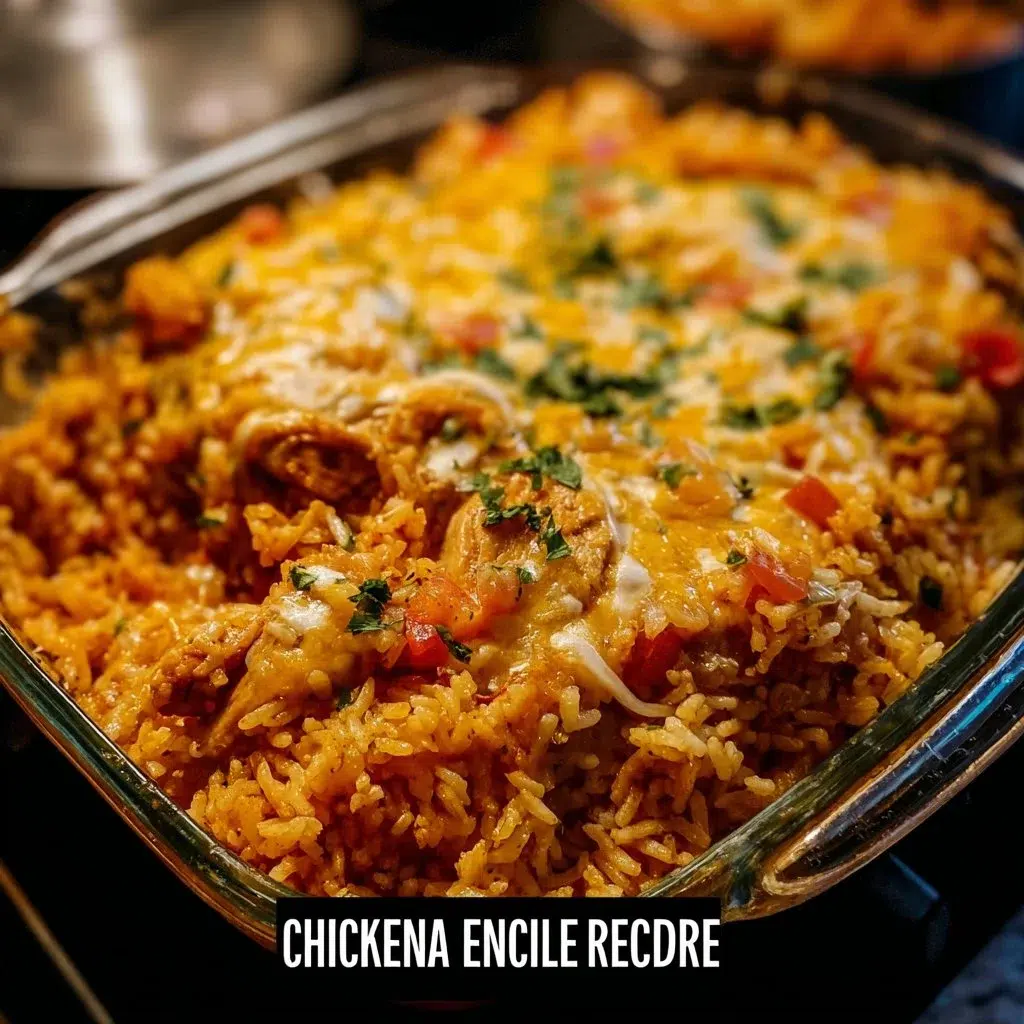 Delicious Chicken Enchilada Rice Casserole topped with cheese