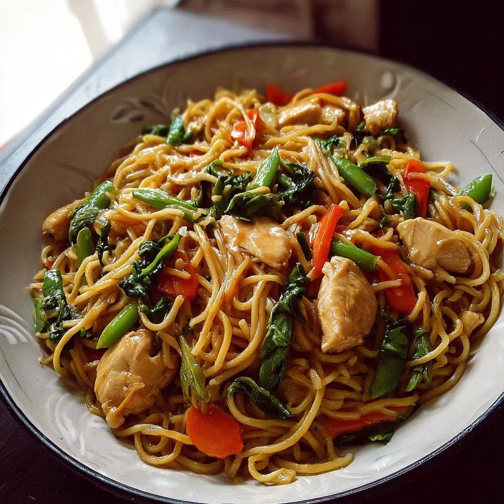Delicious homemade Chicken Lo Mein served in a bowl with colorful vegetables.