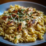 Creamy rotisserie chicken pasta served in a bowl with herbs and parmesan.