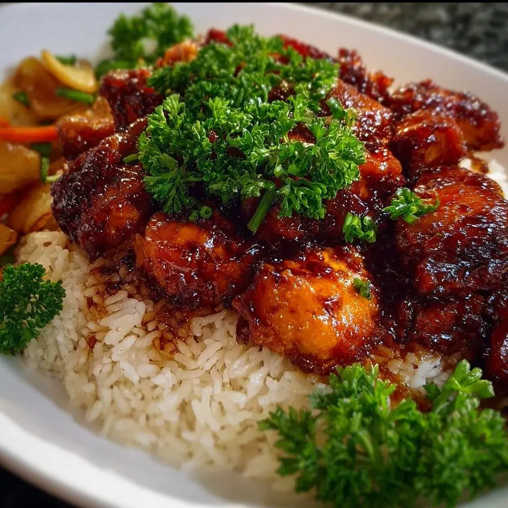 Delicious Honey BBQ Chicken over a bed of rice garnished with herbs