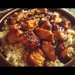 Honey BBQ Chicken Rice served on a plate with a side of vegetables