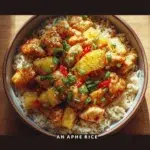 Pineapple chicken served with rice on a plate garnished with green onions