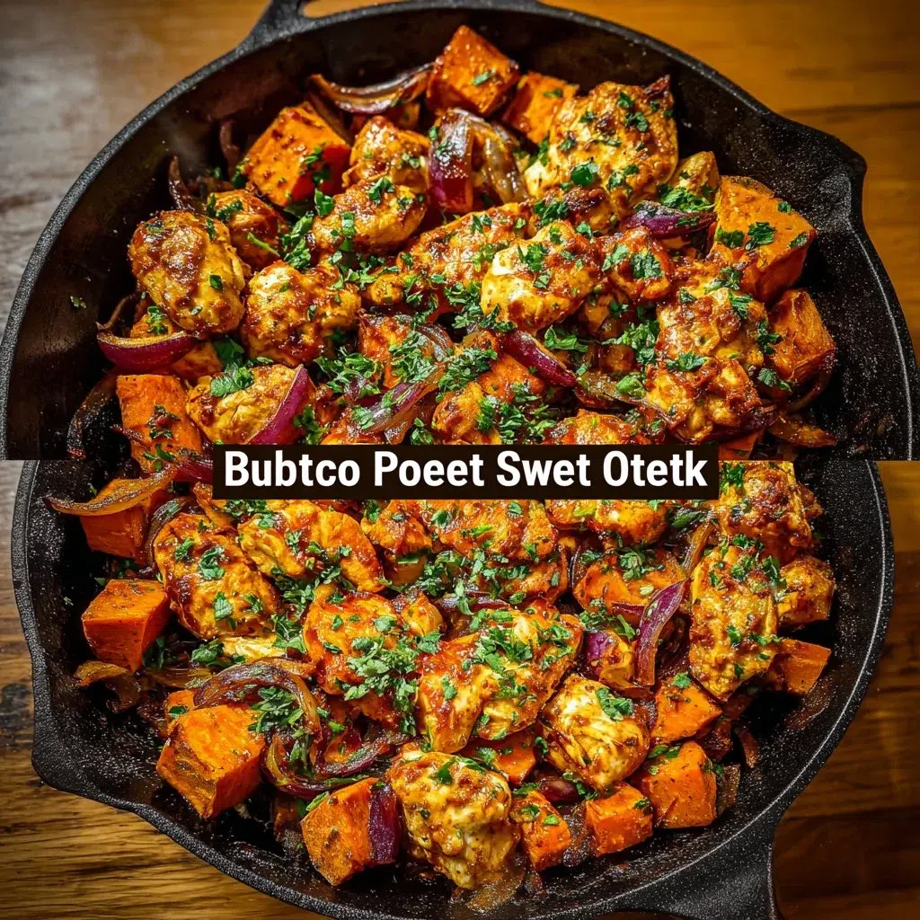 BBQ Chicken Sweet Potato Skillet - Easy and Flavorful Recipe 8 A savory BBQ chicken sweet potato skillet dish garnished with herbs.