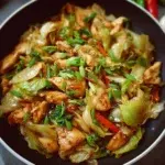Colorful Chicken Cabbage Stir-Fry served in a bowl with vegetables and sauce.