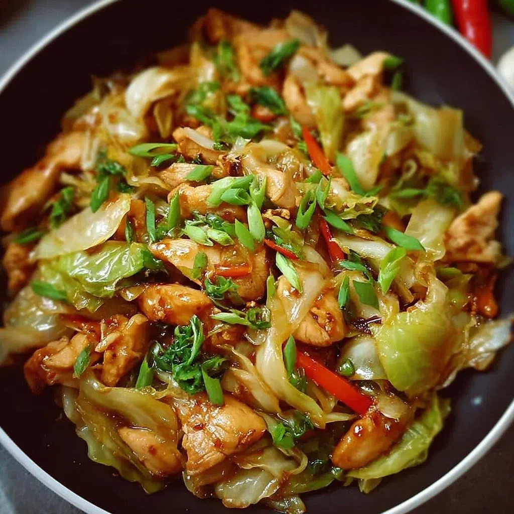 Chicken Cabbage Stir-Fry Recipe 8 Colorful Chicken Cabbage Stir-Fry served in a bowl with vegetables and sauce.