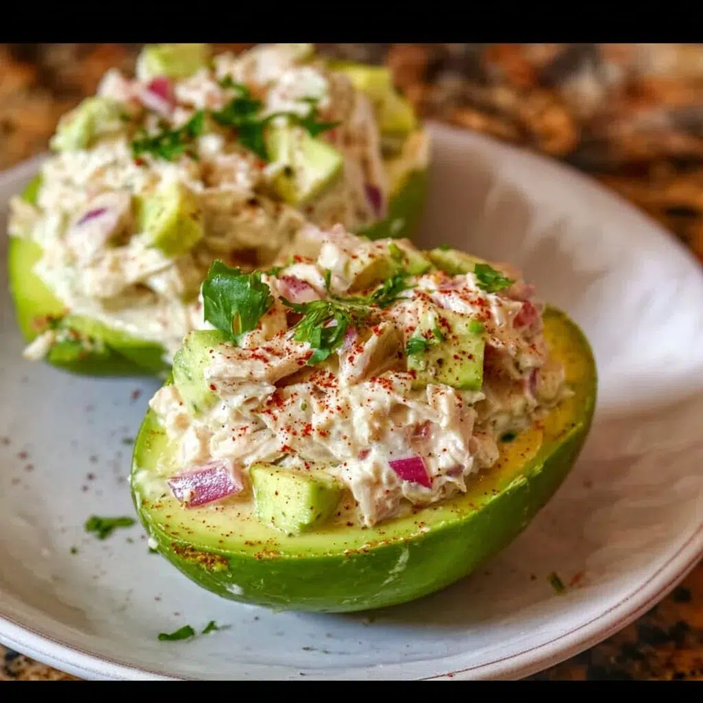 Chicken Salad Stuffed Avocado Recipe — Fresh & Easy 8 Delicious chicken salad stuffed in avocado halves ready to serve