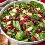 Bowl of Christmas Cranberry Spinach Salad with festive ingredients.