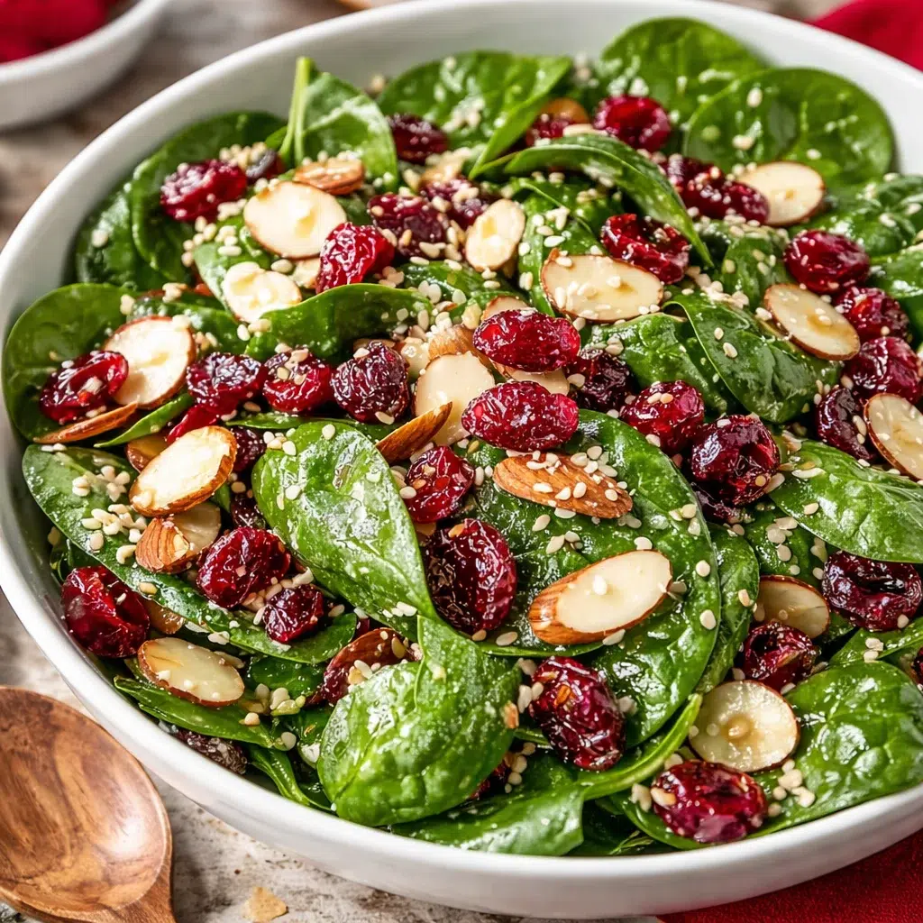 Christmas Cranberry Spinach Salad — Festive & Easy Holiday Salad 8 Bowl of Christmas Cranberry Spinach Salad with festive ingredients.