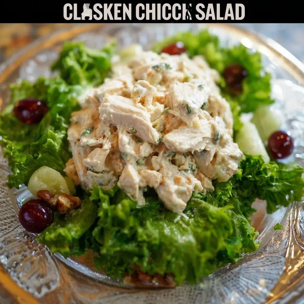 A bowl of Classic Carol Chicken Salad garnished with fresh herbs
