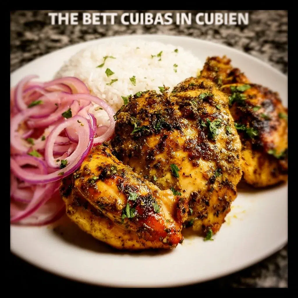 Delicious Cuban grilled chicken served with sides, showcasing its golden appearance and rich spices.