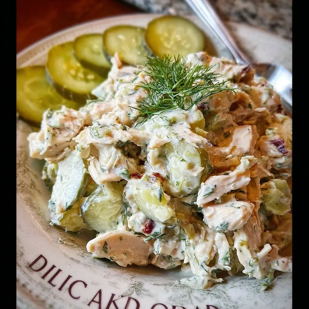 Delicious Dill Pickle Chicken Salad served in a bowl with fresh ingredients.